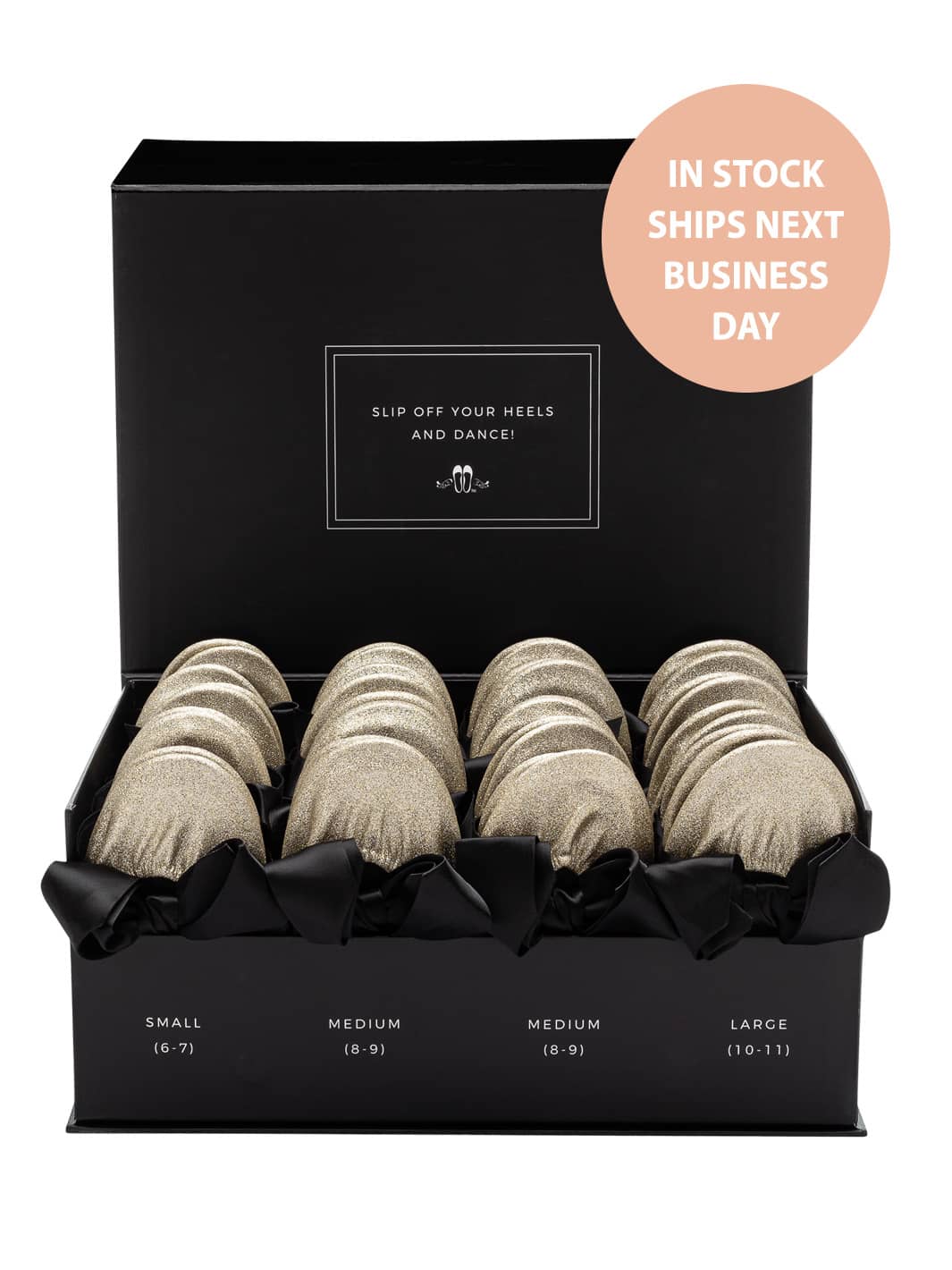 20 Pairs of Gold Glitter Rescue Flats (BLACK Display Box)