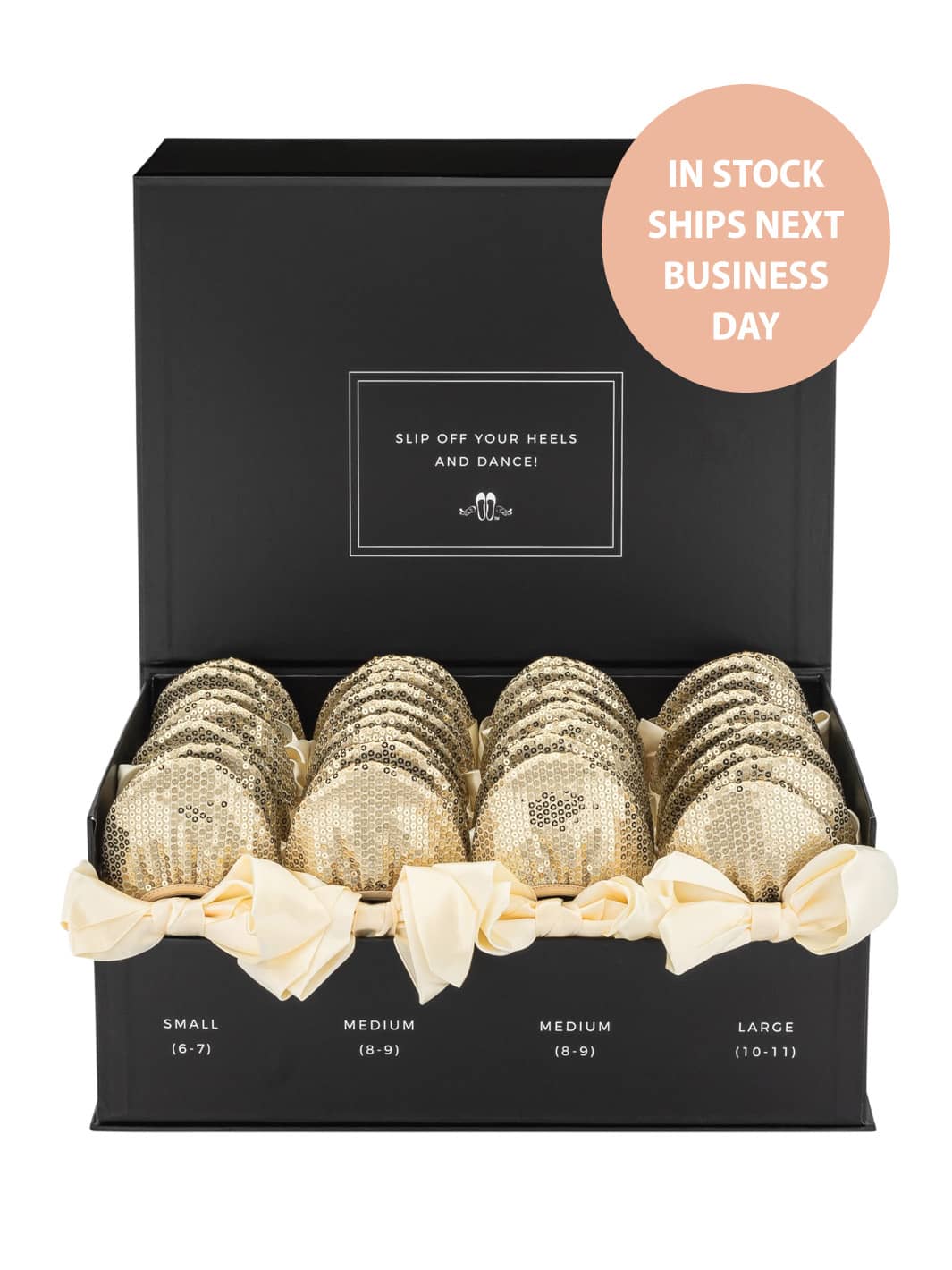 20 Pairs of Champagne Sequin Rescue Flats (BLACK Display Box)