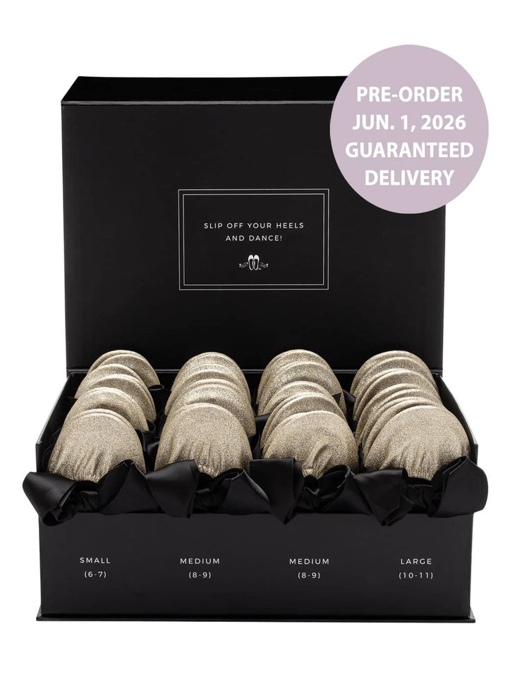 2026 June Pre-Order - 20 Pairs of Gold Glitter Rescue Flats (BLACK Display Box)