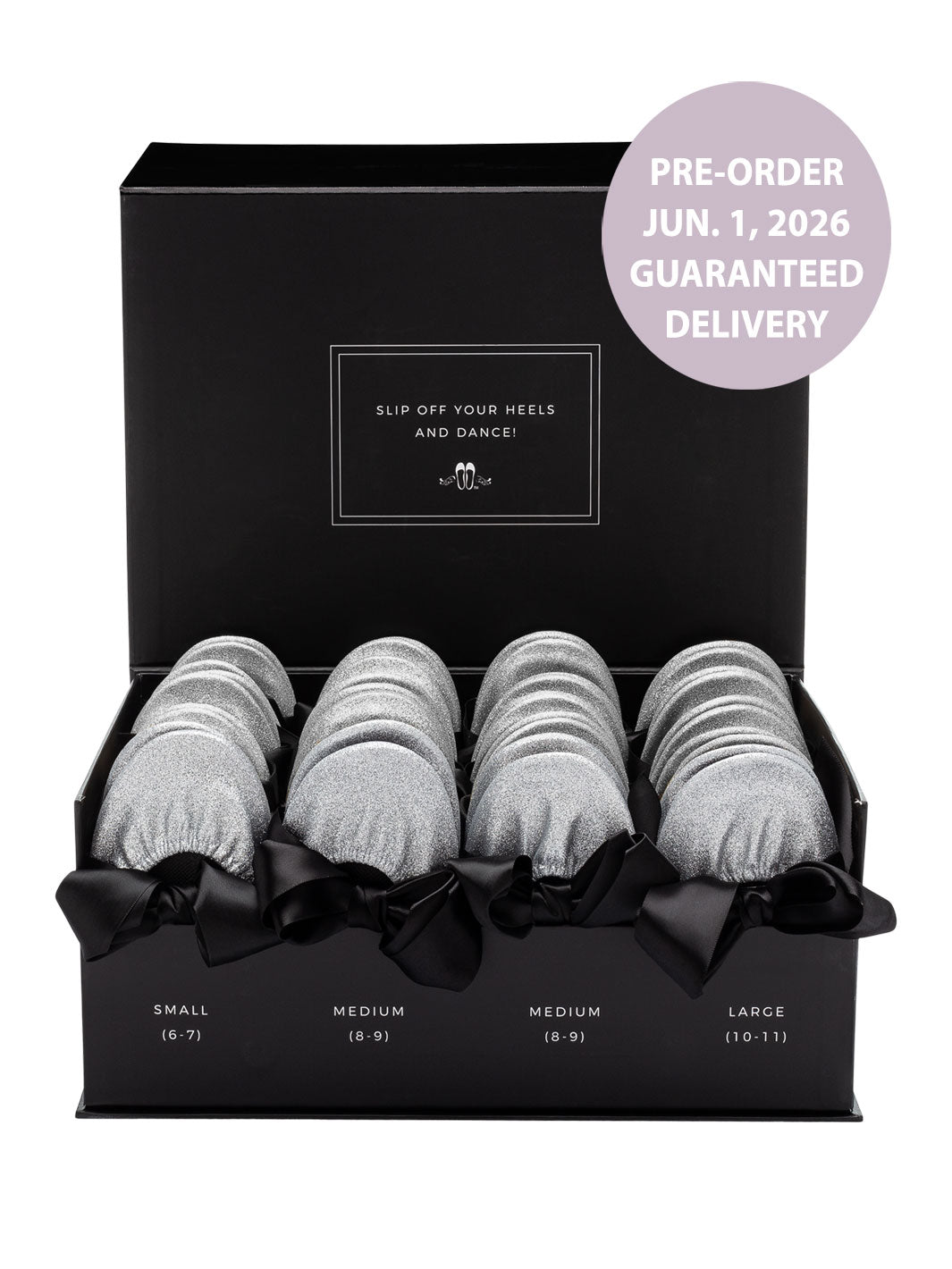 2026 June Pre-Order - 20 Pairs of Silver Glitter Rescue Flats (BLACK Display Box)