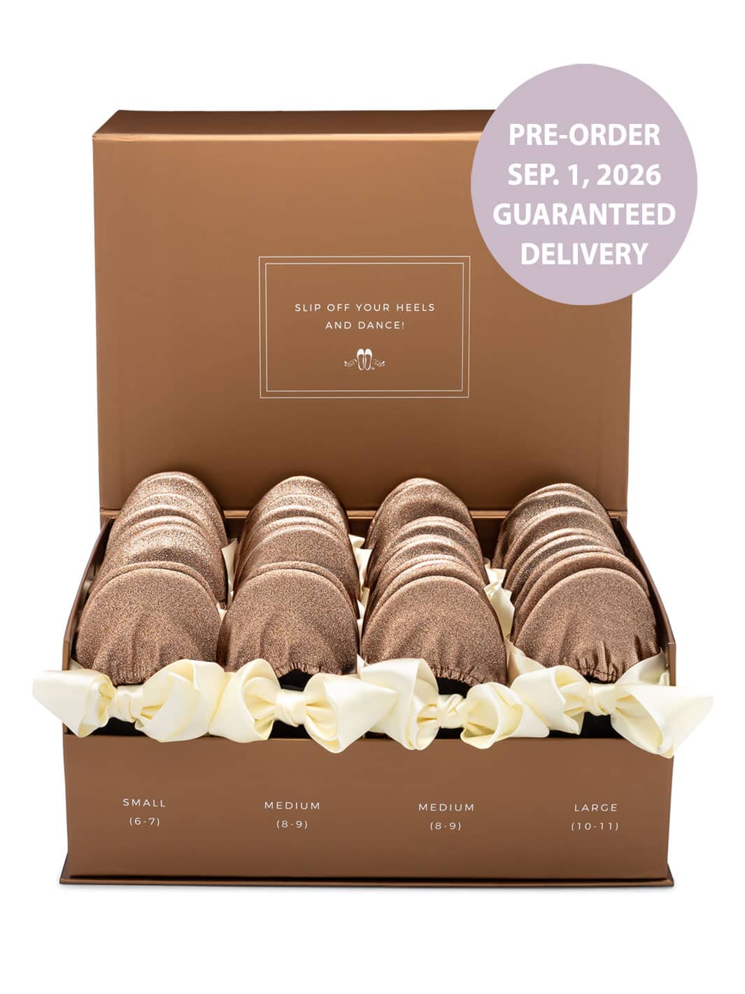 2026 September Pre-Order - 20 Pairs of Rose Gold Glitter Rescue Flats (Rose GOLD Display Box)